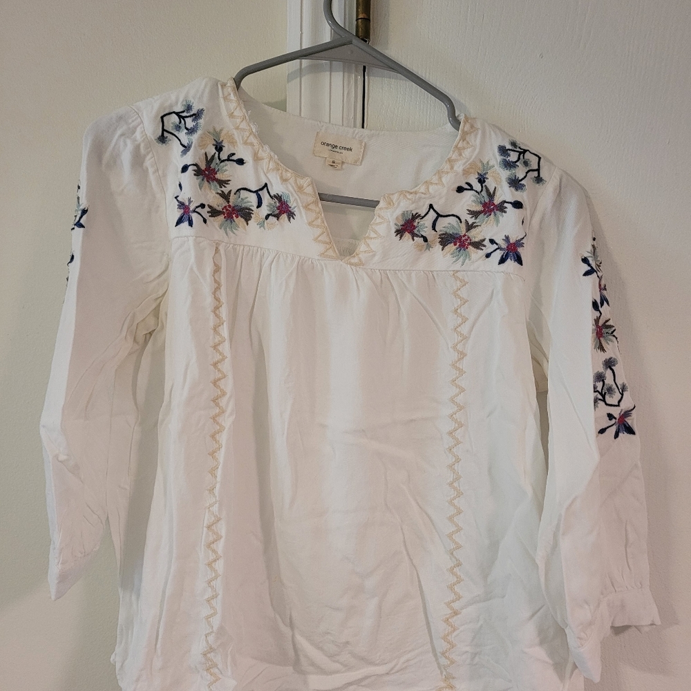 Called to Surf Small White Embroidered Blouse